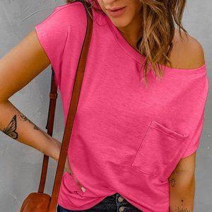 Off The Shoulder Pocket Tee Neon Hot Pink